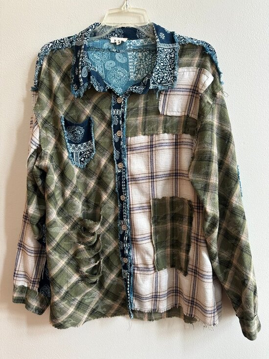 POL Tops - Deconstructed Distressed Patchwork Plaid Sz Small Button Up Shacket Shirt by POL